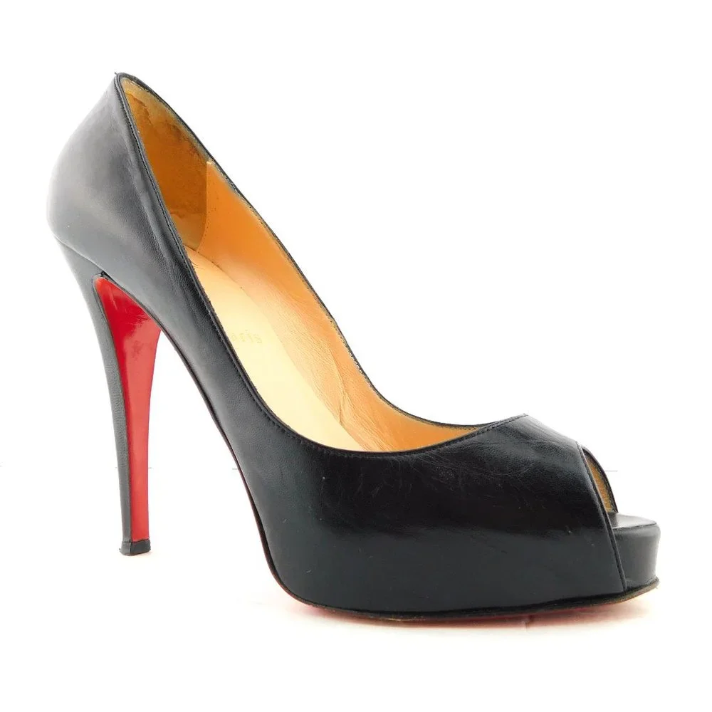 CHRISTIAN LOUBOUTIN Black Leather Peep Toe Platform Heel Pumps 38.5